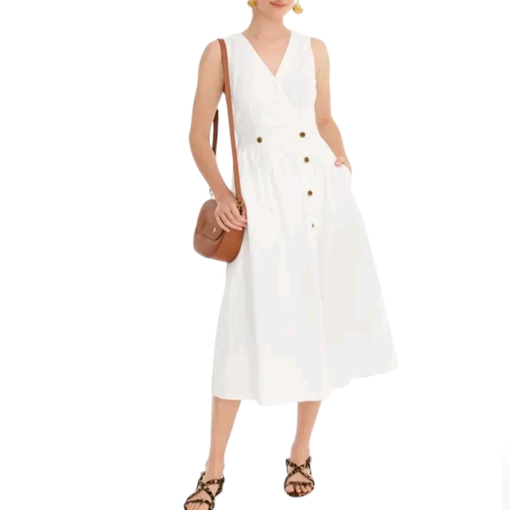 J Crew Women's Dress Midi Button Front Sleeveless A-Line Poplin White Size 10